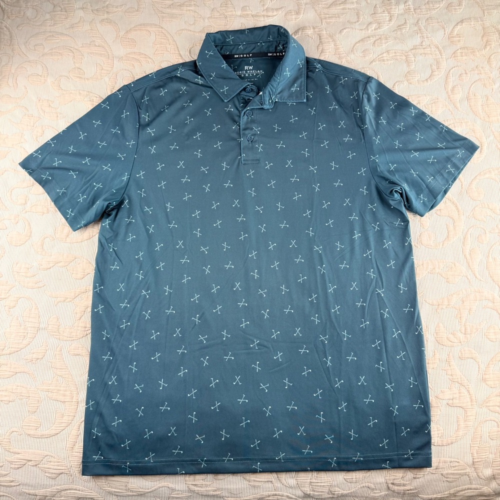 Rorie Whelan Golf Mens Large Teal Crossed Clubs Print Performance Polo Shirt L